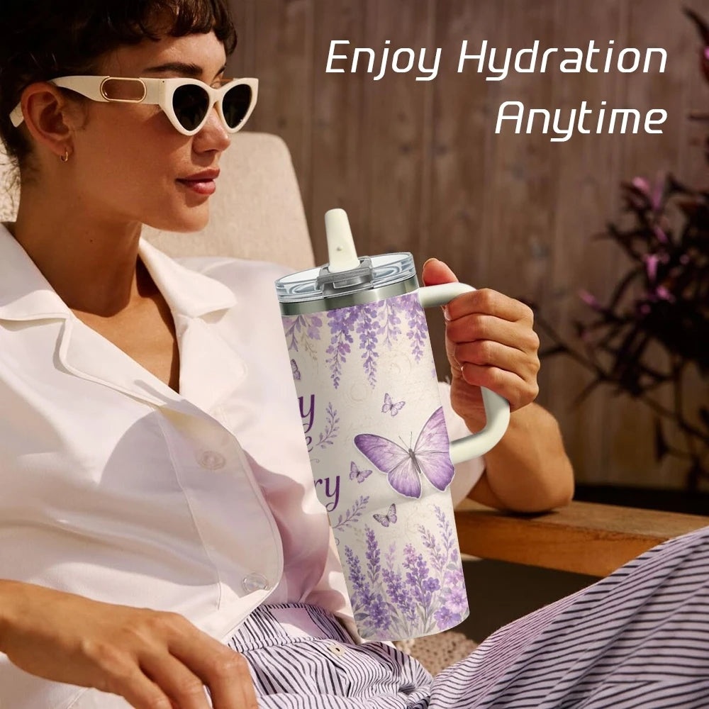 Purple Butterfly 40oz Tumbler – Floral Stainless Steel Insulated Cup with Straw