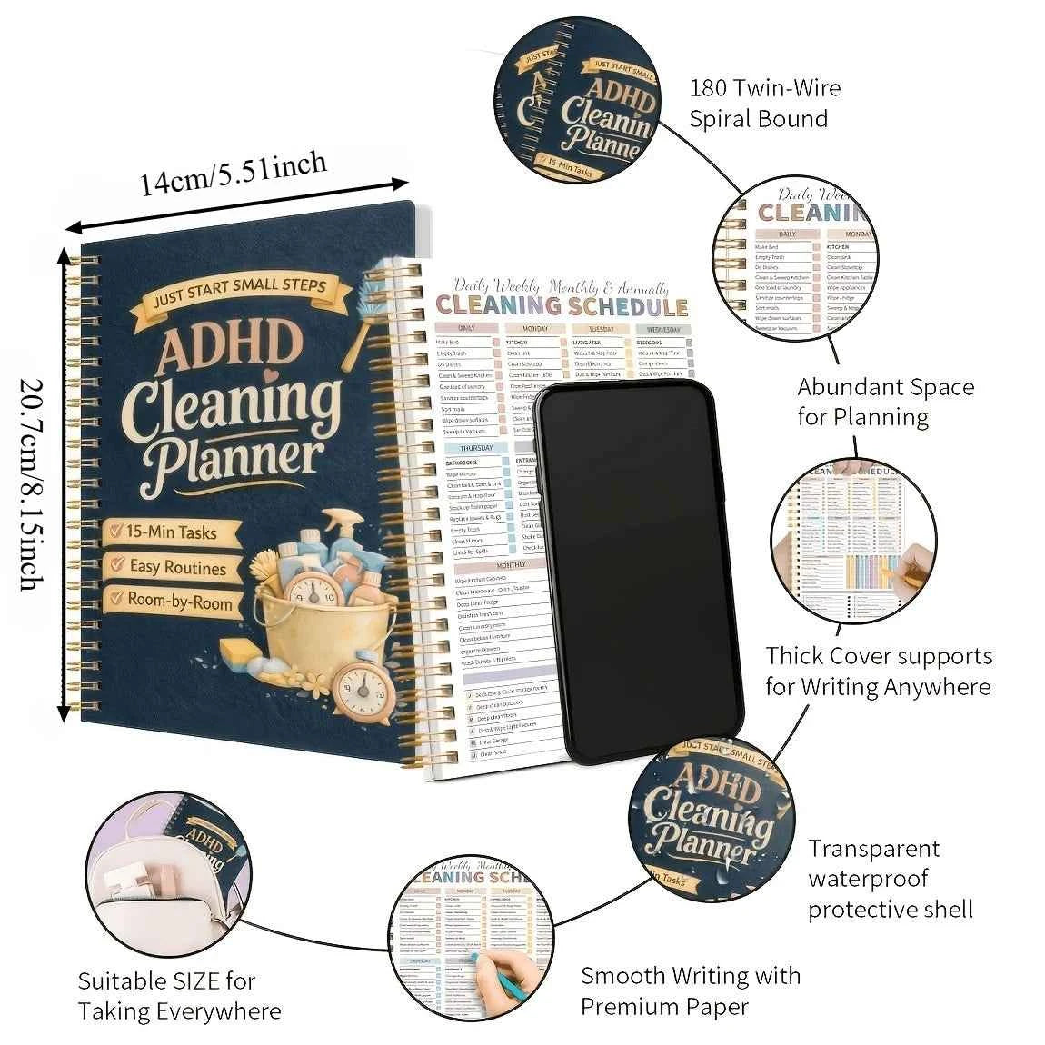 Spiral-bound Cleaning Planner Designed for ADHD Individuals, Featuring a Color-coded Schedule, Assisting Households, Offices