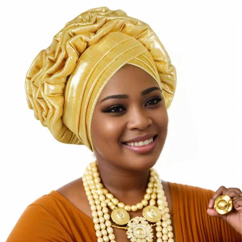 Women’s Glitter Pleated Turban Cap – Auto Gele Headtie African Wedding & Party Head Wrap