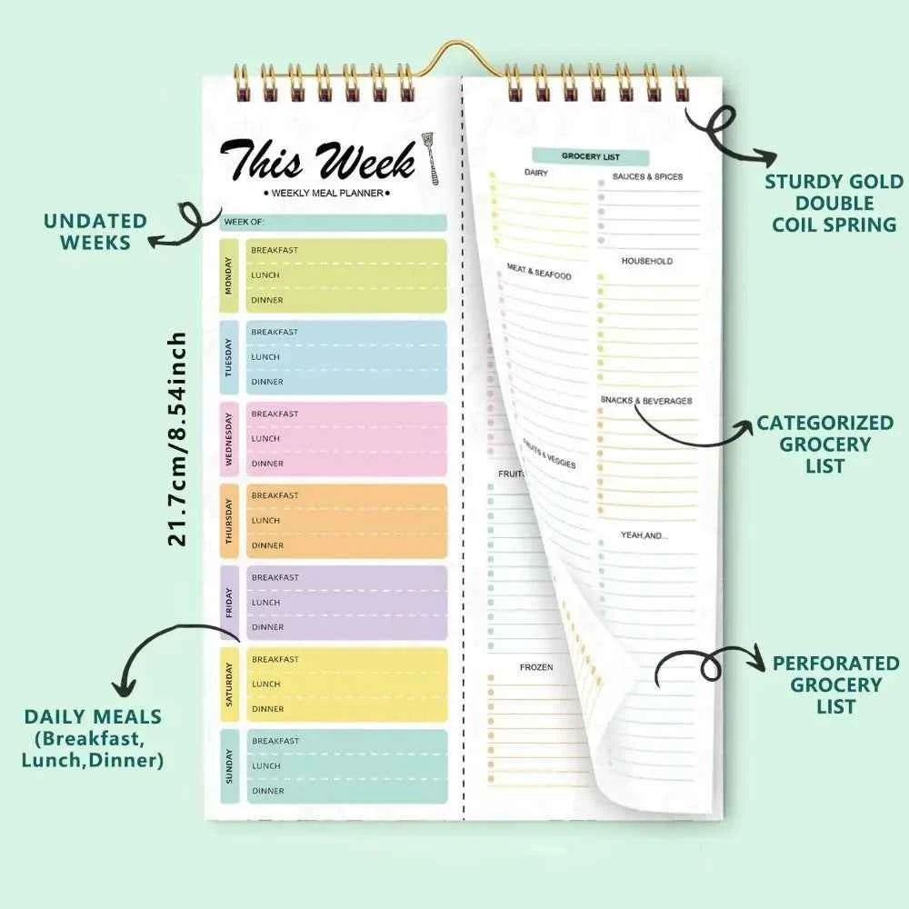 52 Sheets Meal Planning Pad Reusable Spiral Bound Weekly Meal Planner Wall-Mounted Tear-Off Design Schedule Management Book