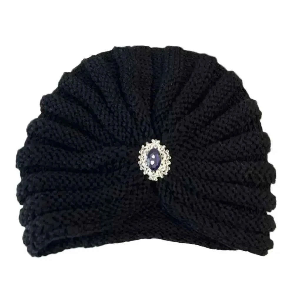 Fashion Winter Warm Hijab Caps Soft Thick Bohemia Turban Diamond Jewelry Wool Knitting Knitted Hats for Women