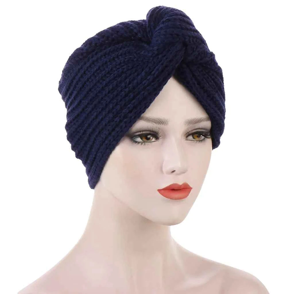 Muslim Fashion Imitation Cashmere Turban Caps for Women Bohemian Style Hijab Caps Indian Hat Solid Color Ladies Knitted Cap