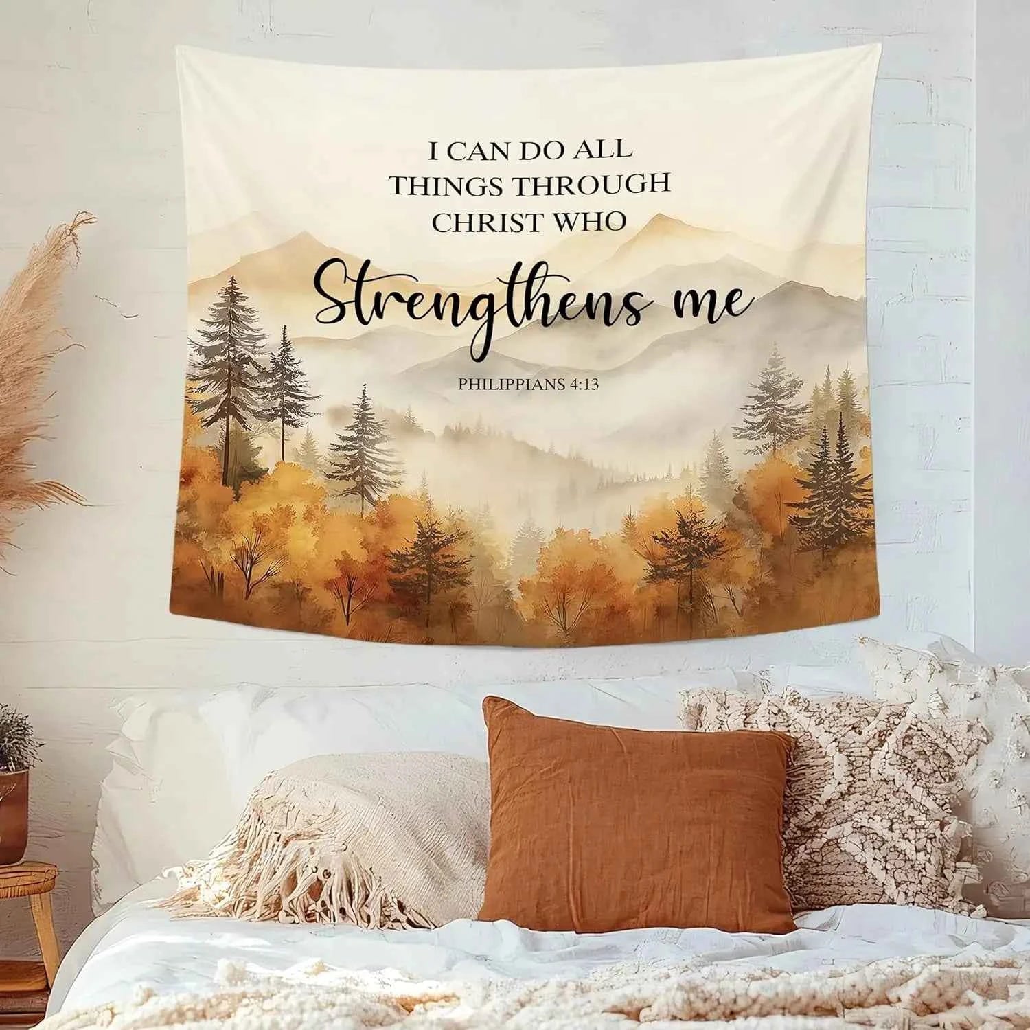 Christian Fall Mountian Wall Tapestry Hanging for Bedroom, Bible Verse I Can Do All Things Tapestries,Watercolor Autumn Orange