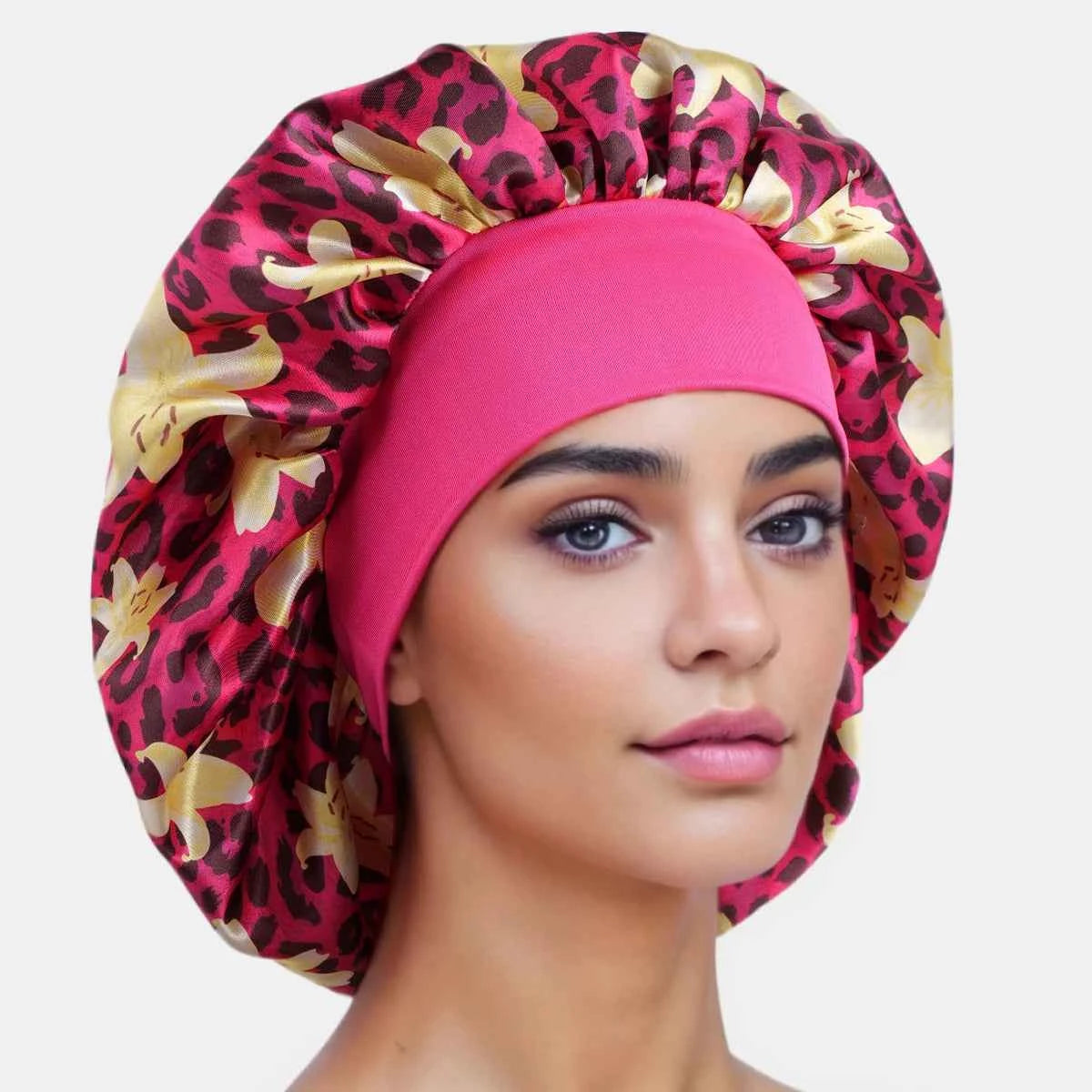 1PC Women's Leopard Print Satin Sleep Bonnet - Adjustable Night Cap for Hair Protection While Sleeping