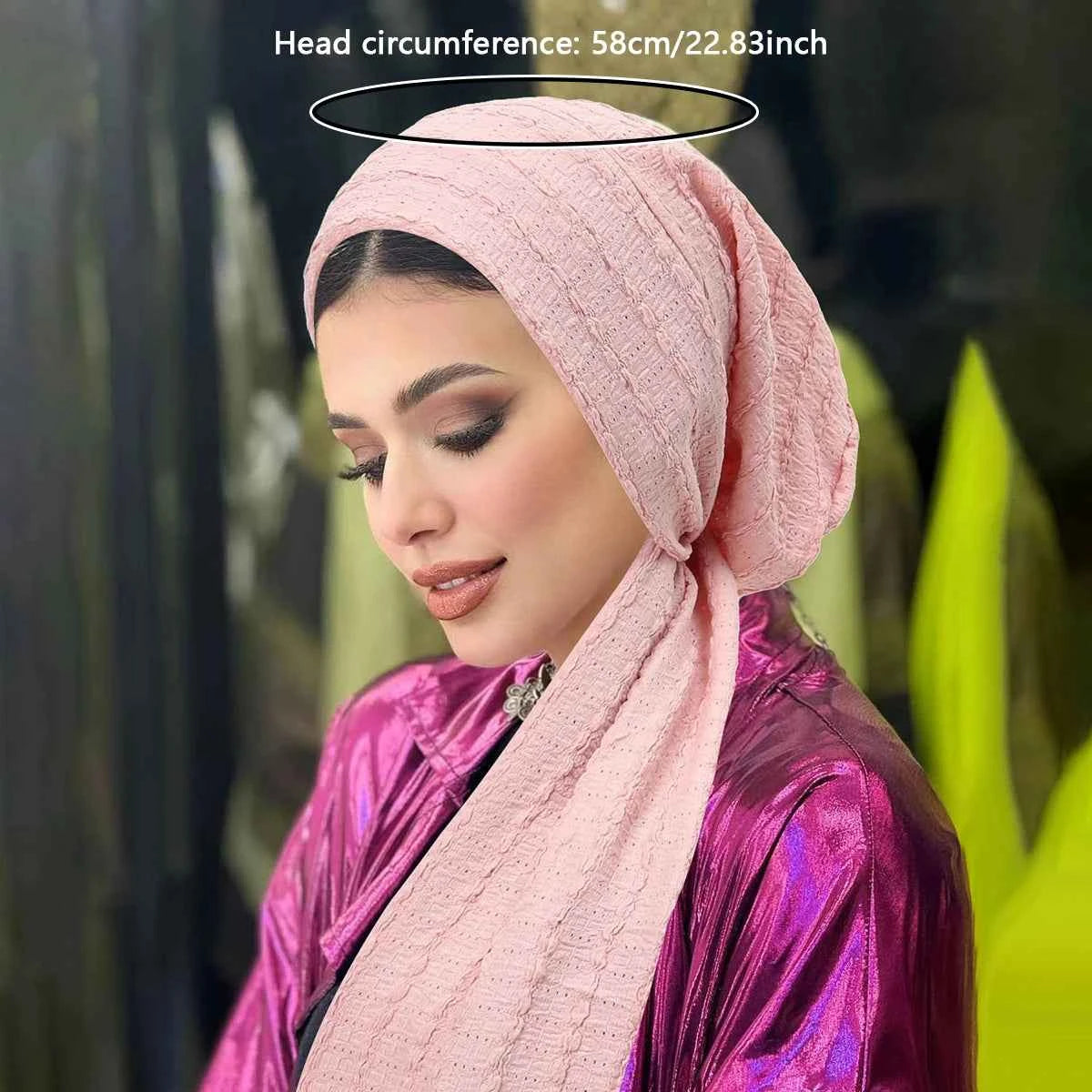 Ramadan Solid Color Crinkle Turban Hijab Hats Long Tail Head Wraps Soft Strech Muslim Hats Breathable Chemo Cap For Women Girls