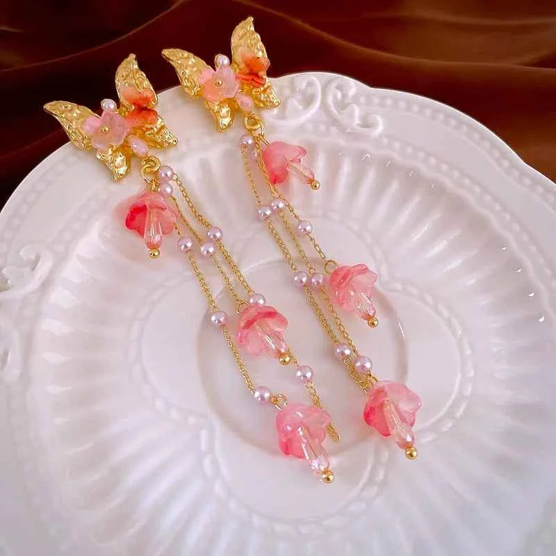 Luxury Flower Butterfly Long Tassel Drop Earrings for Women Exquisite Crystal Zircon Earrings Daily Accessories Party Jewelry