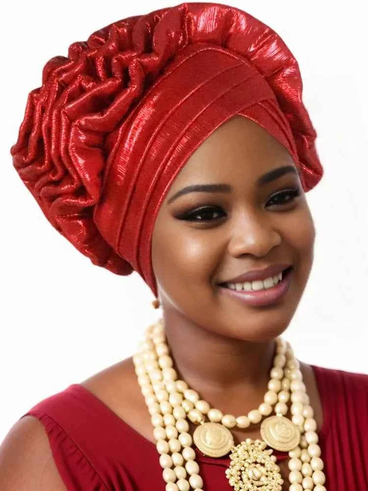 Women’s Glitter Pleated Turban Cap – Auto Gele Headtie African Wedding & Party Head Wrap