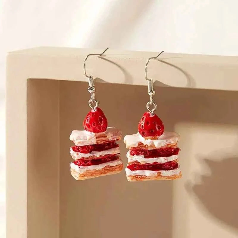 Unique Strawberry Cake Earrings Food Shaped Ear Rings Handcrafted Eardrops Ear Pendants Stylish Accessories for Girls