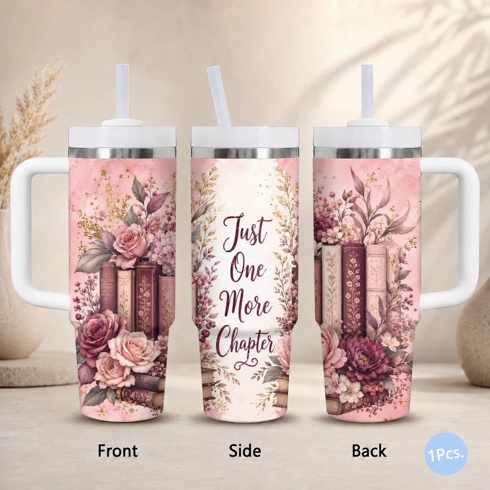Floral & Book Lover 40oz Tumbler – Insulated Stainless Steel Cup with Straw