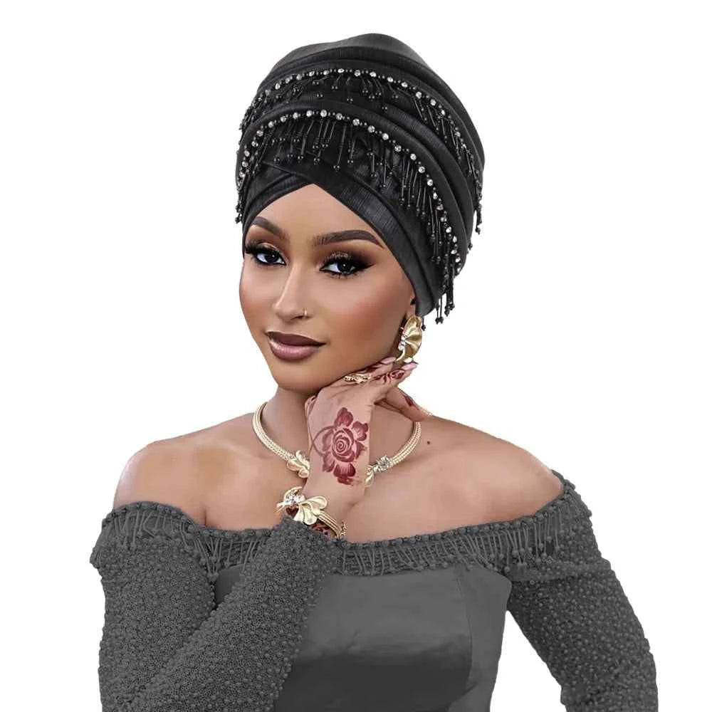 Fashion Turban Cap for Women African Lady Head Wraps with Beading Tassels Nigeria Weding Party Hat Headwear
