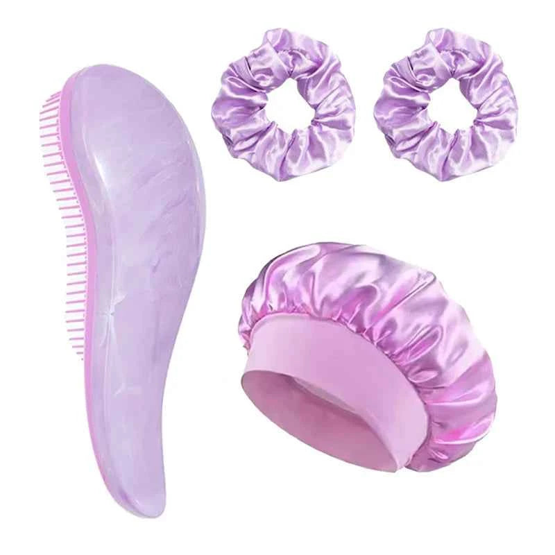 2/4Pcs Hair Care Set Scalp Massage Detangling Comb + Satin Sleep Cap + 2 Hair Scrunchies, Anti-Frizz Hair Accessories for Women