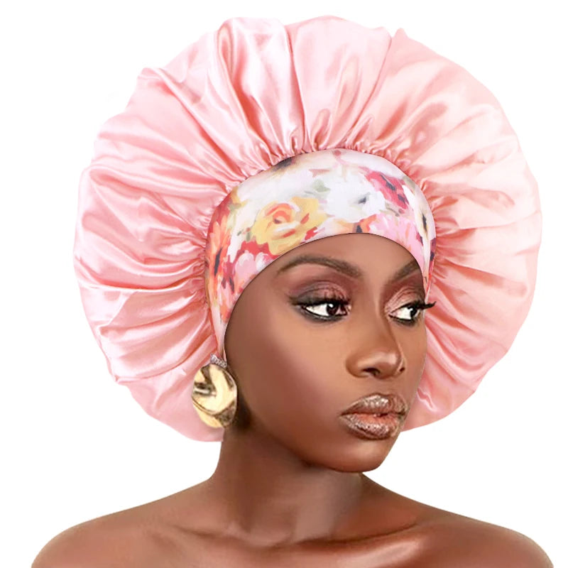 New Big Size Floral Print Bonnet Satin Wide Elastic Band Beanie Night Sleep Caps Head Cover African Headwrap Turban Chemo Caps - NamafadStore