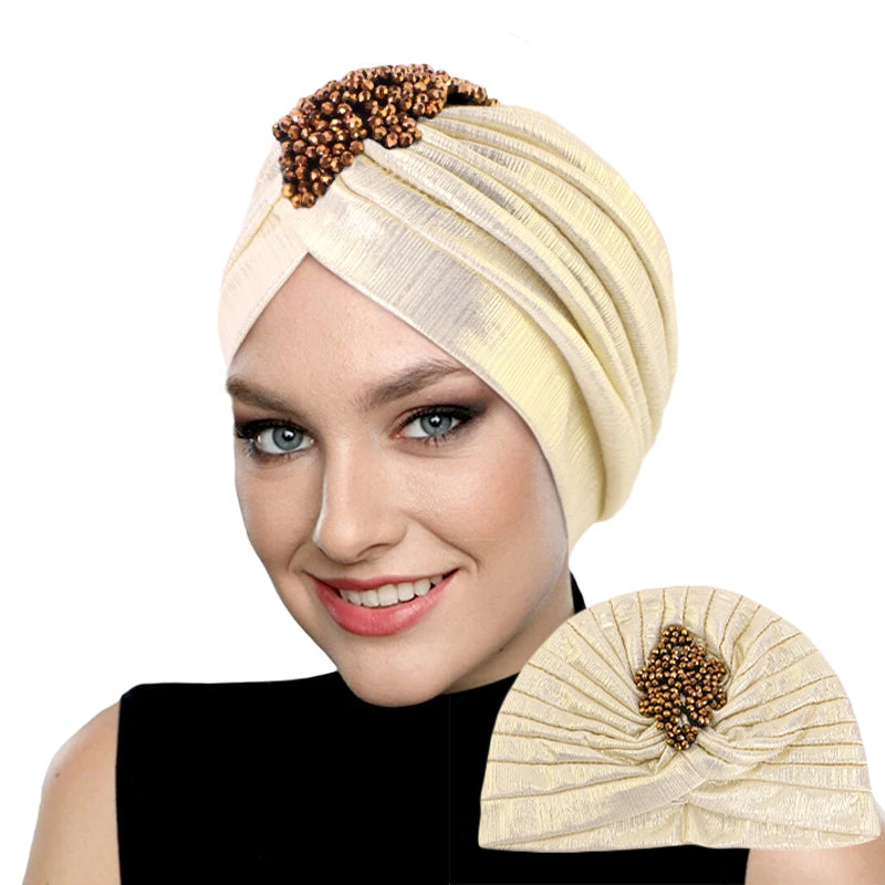 New Women's Luxury Diamond Turban Cap Muslim Indian Hat Bandana Elastic Beanies Chemo Cap African Hat Headwear - NamafadStore