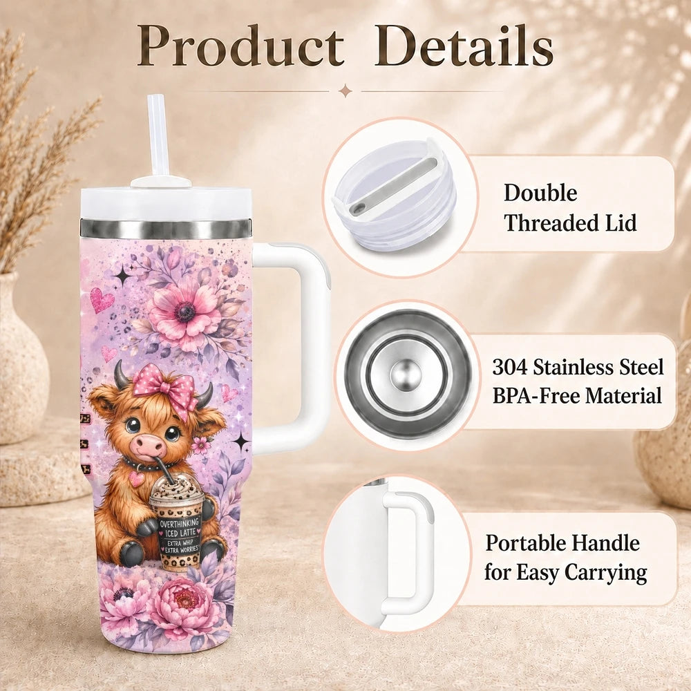 Highland Cow 40oz Tumbler – Stainless Steel Insulated Travel Cup with Straw