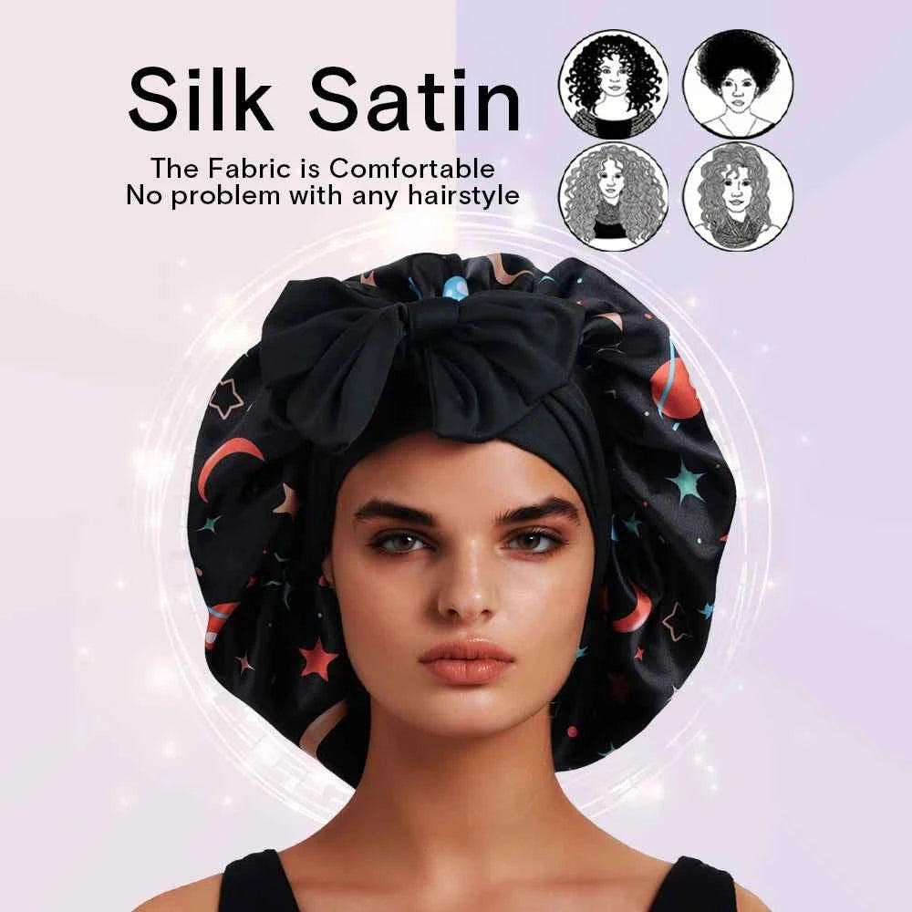 1pc Adjustable Extra Large Satin Bonnet with Bowknot - Wide-Brimmed Sleep Cap for Women, Soft Polyester Hair Care Night Hat