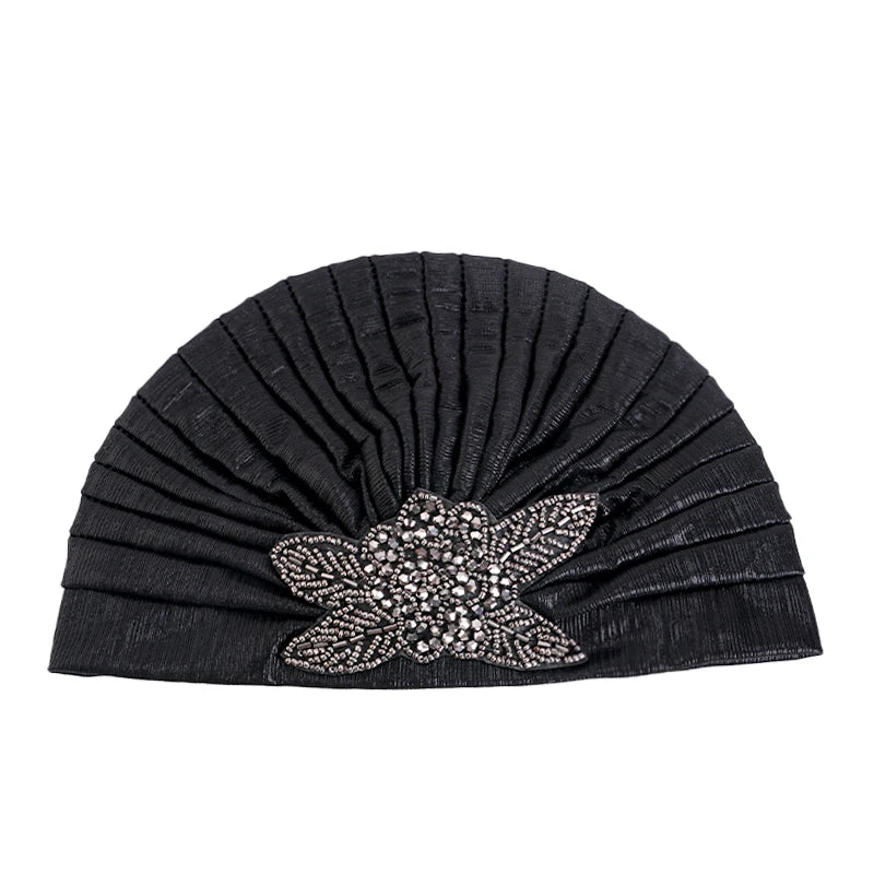 New Women Rhinestone Flower Pleated Turban Cap Ethnic Indian Hat Vintage Non Slip Head Band Chemo Cap Beanies Hair Accessories - NamafadStore