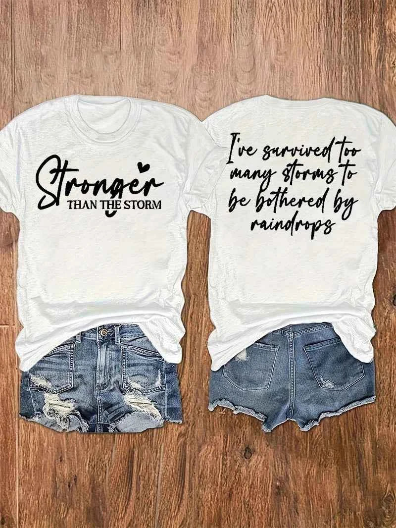 Women Summer Crew Neck Short Sleeve T-Shirt, Double Sided Inspirational Quote Print "Stronger Than The Storm", Casual Tee