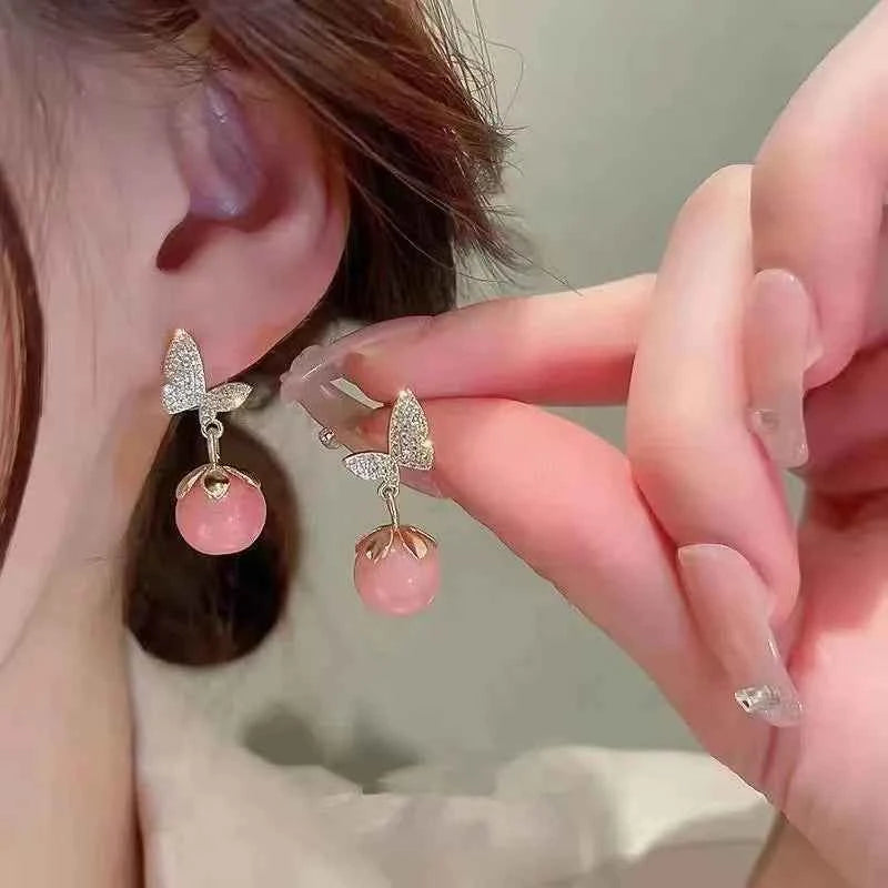 Korean Fashion Butterfly Earrings  Earrings for Women Pink Opal Dangle Earrings Valentines Day Anniversary Birthday Jewelry Gift
