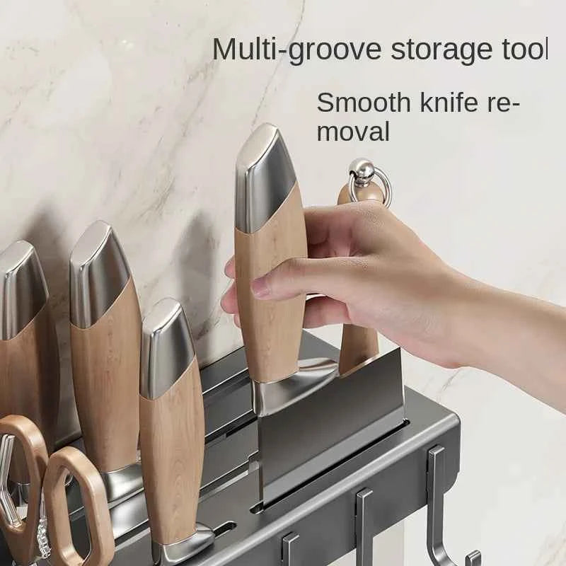 Wall-mounted knife rack for kitchen, multifunctional, no drilling required, knife and utensil holder, chopstick tube, integrated