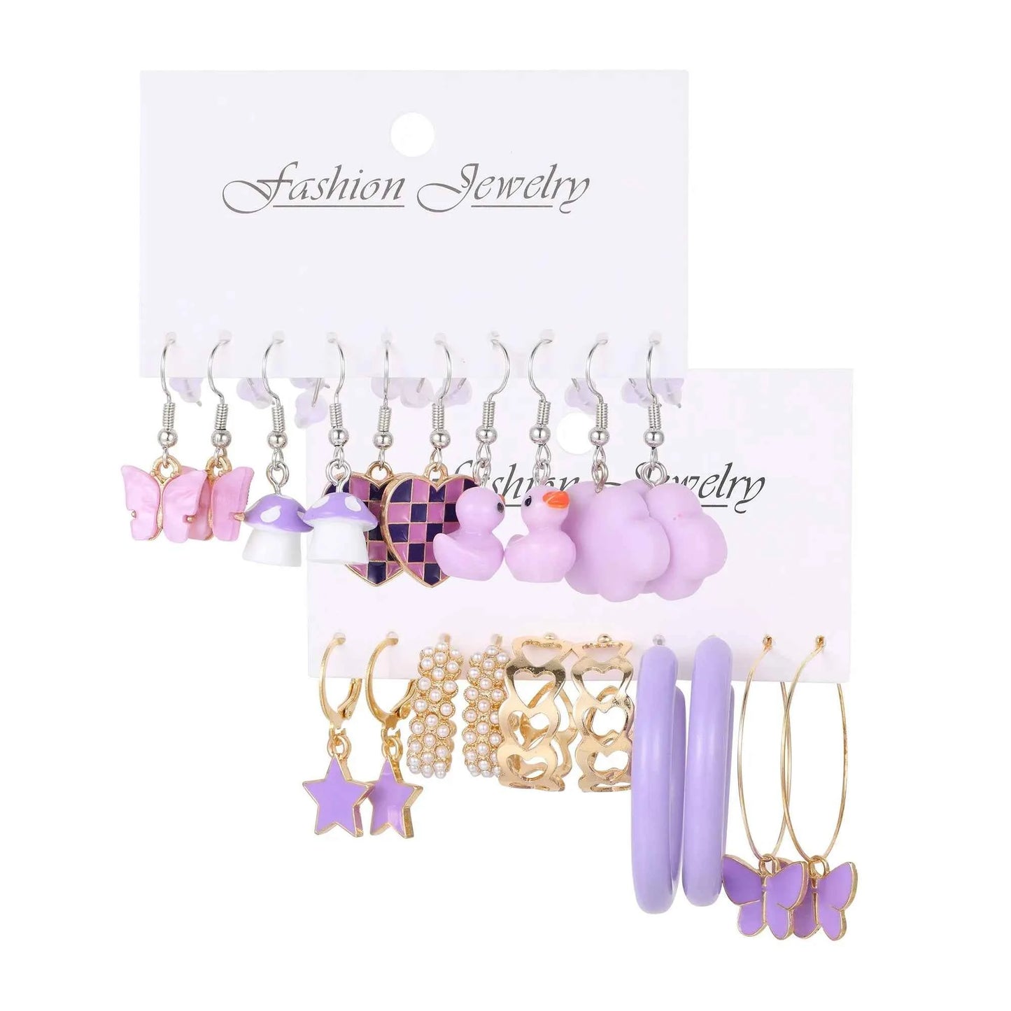 10pcs Set Of Ladies Earrings Purple Pentagram Creative Pearl Duck Mushroom Cartoon Earrings