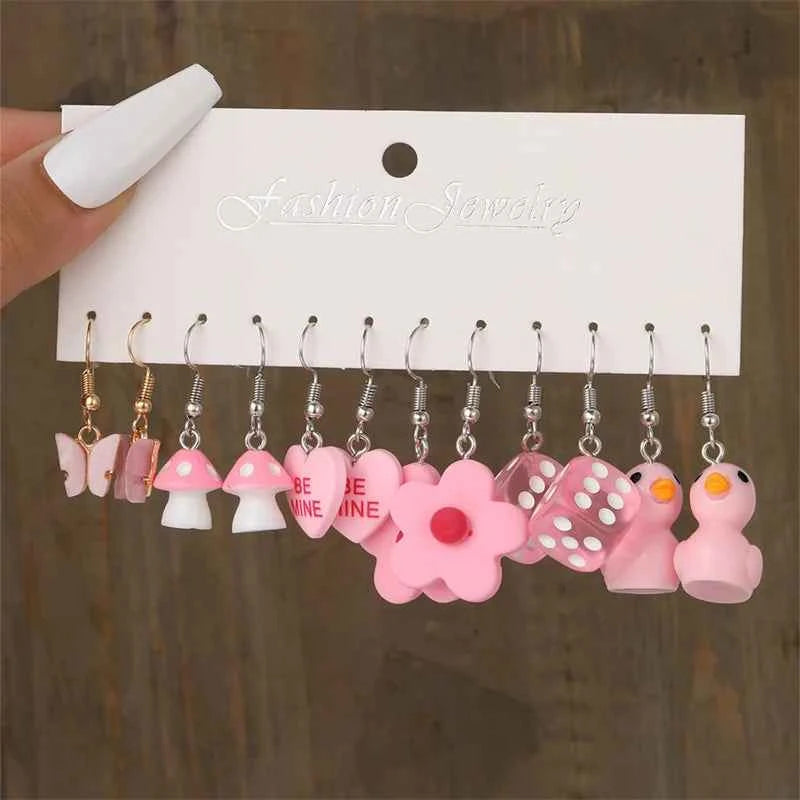 Colorful Butterfly Heart Cartoon Dangle Earrings Set For Women Girl Kids Cute Duck Clouds Resin Drop Earring Jewelry Accessories