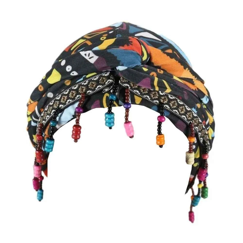 Bonnet Hat Elastic Colorful Beaded Headscarf Breathable Hijab Pre-tie Head Wraps Dome Indian Style Jacquard Pullover Cap Gifts