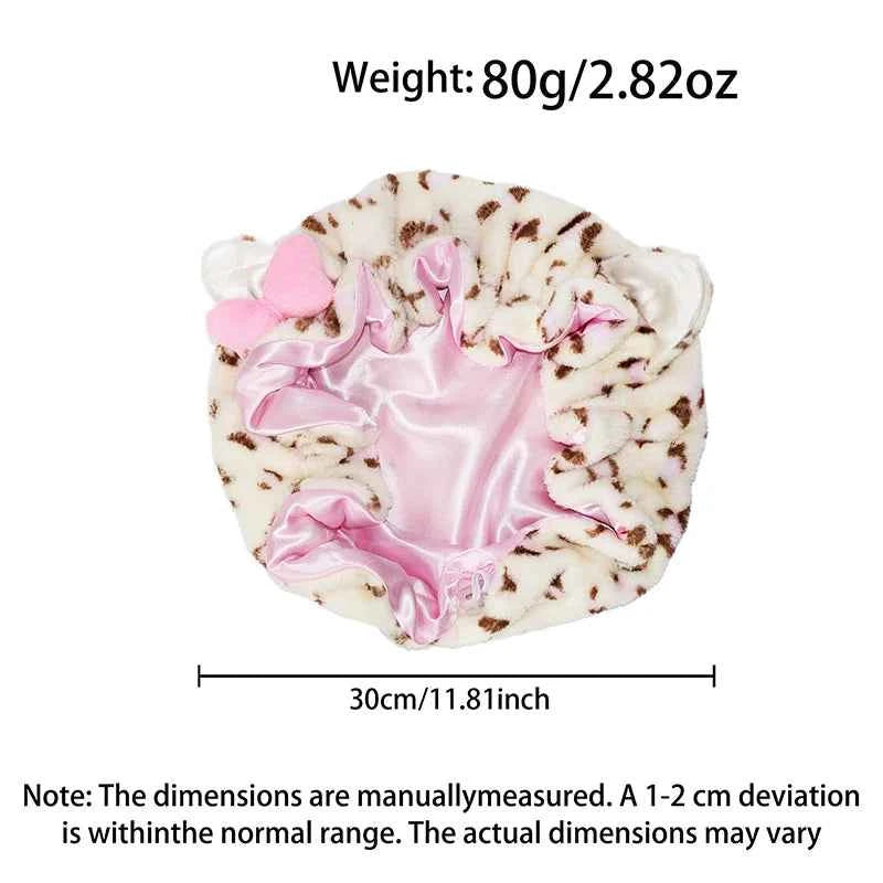 Unisex Leopard Plush Bow Sleep Bonnet Satin Lined Anti-Frizz Quick Dry Bath Cap Men Women Night Hair Protection Shower Head Wrap