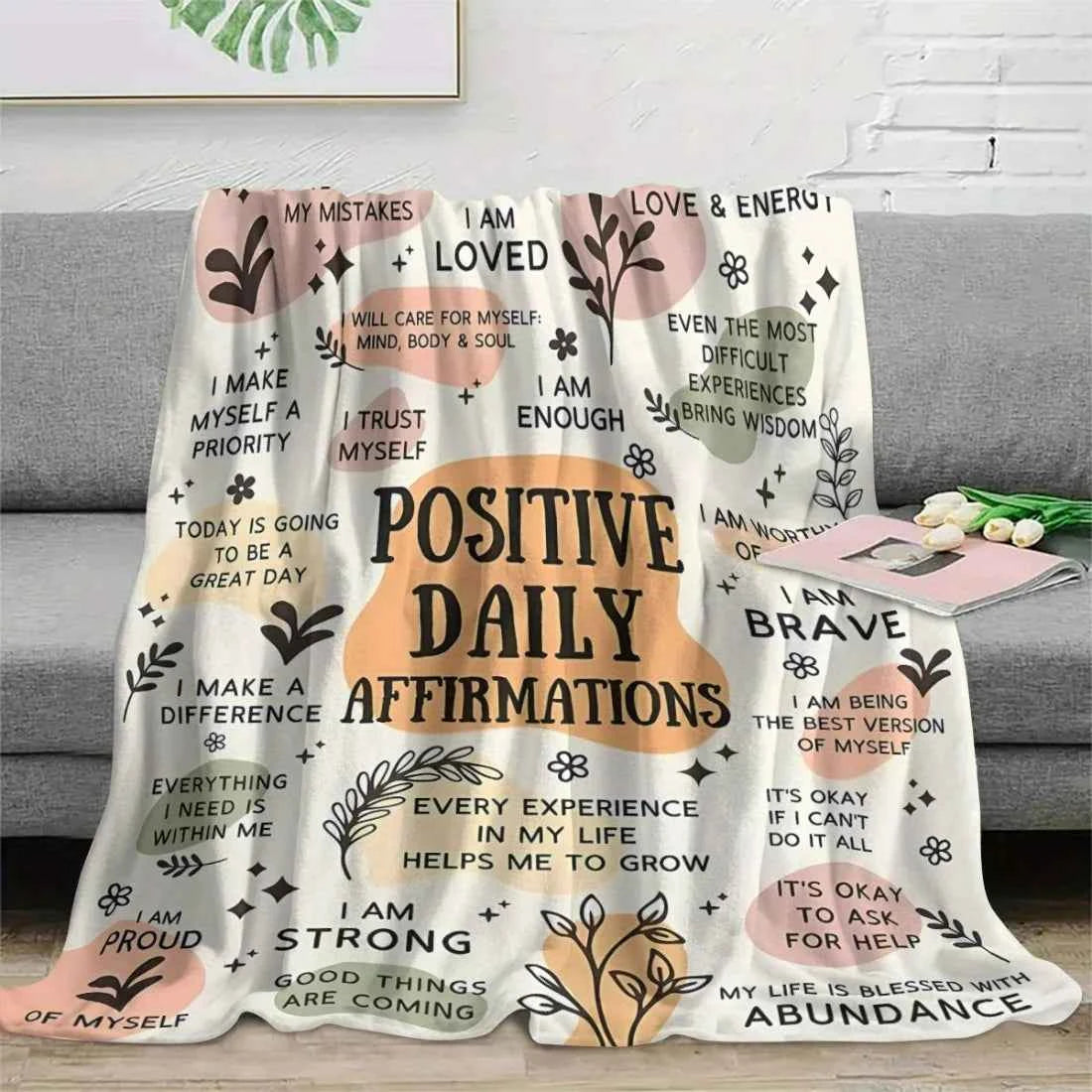 Inspiring Daily Affirmations Soft Blanket, 100% Polyester Knit Fabric, Positive Belief Gift, Support Women's Mental Health