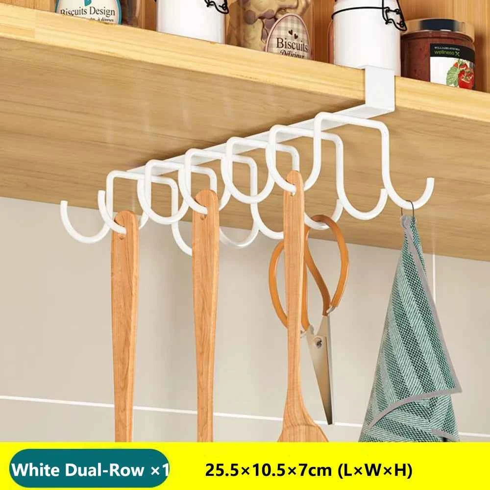 Under Cabinet Kitchen Organizer Rack with Hooks Multi-Purpose Storage Shelf for Paper Towel Cutting Board & Pot Lids