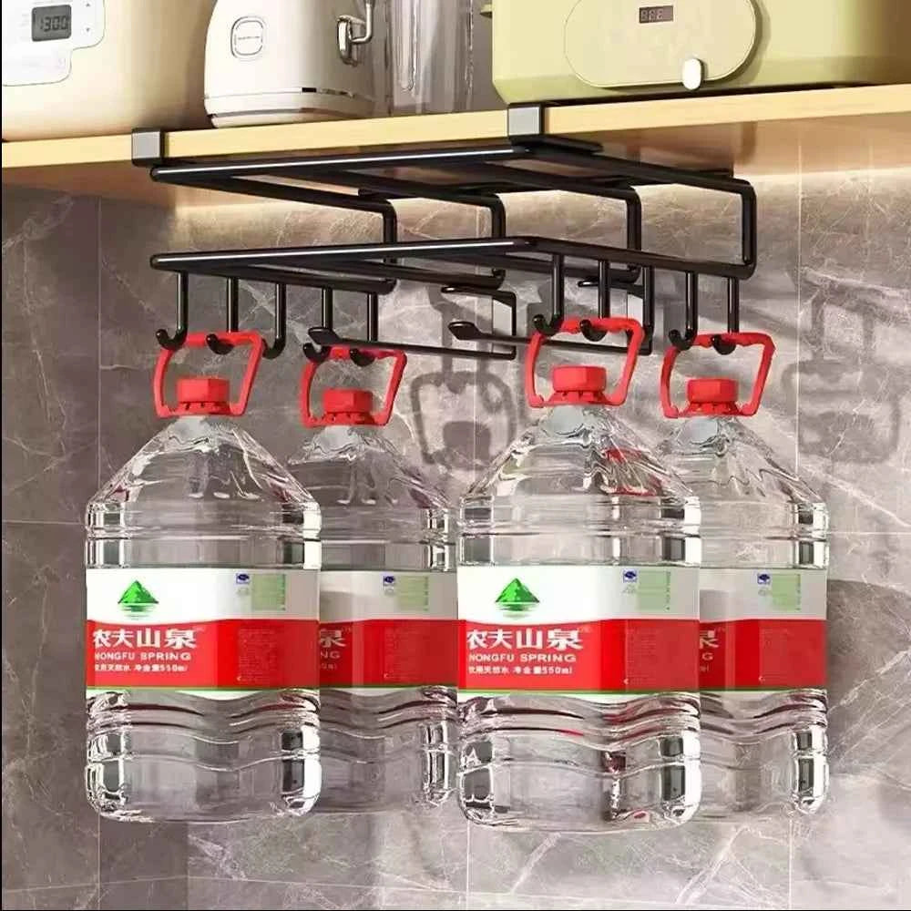 Under Cabinet Kitchen Organizer Rack with Hooks Multi-Purpose Storage Shelf for Paper Towel Cutting Board & Pot Lids