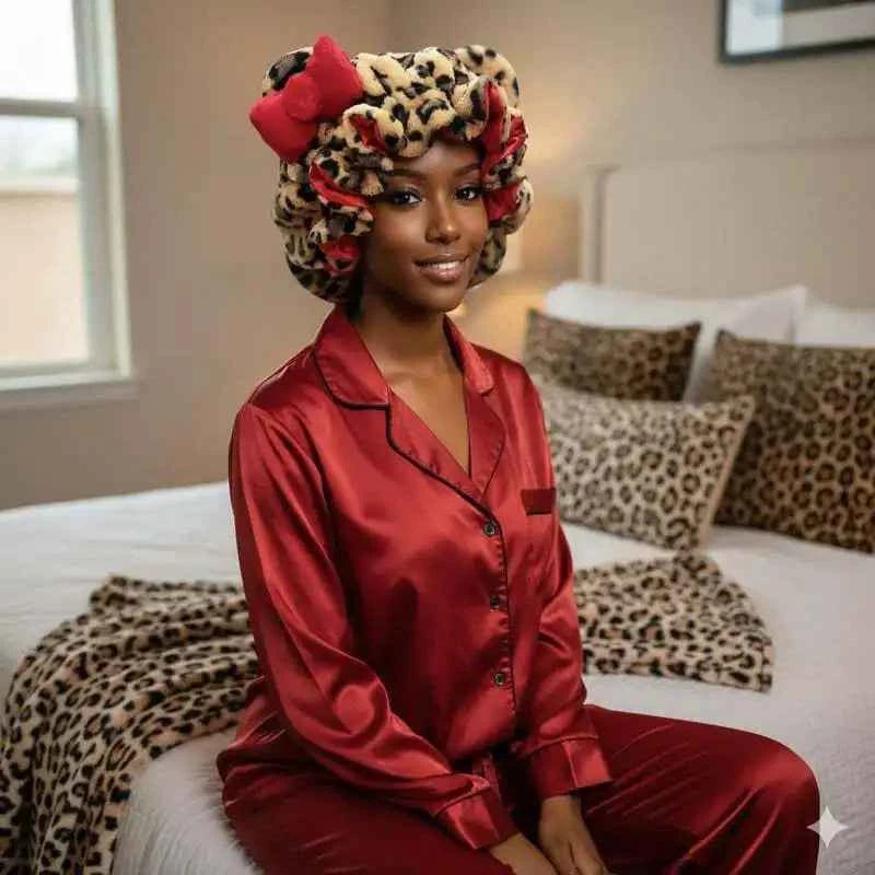 Quick Dry Cat Ear Hair Towel Leopard Print Hair Wrap with Bow for Bath Sleep Cap Satin Lining Frizz Control for Curly Hair