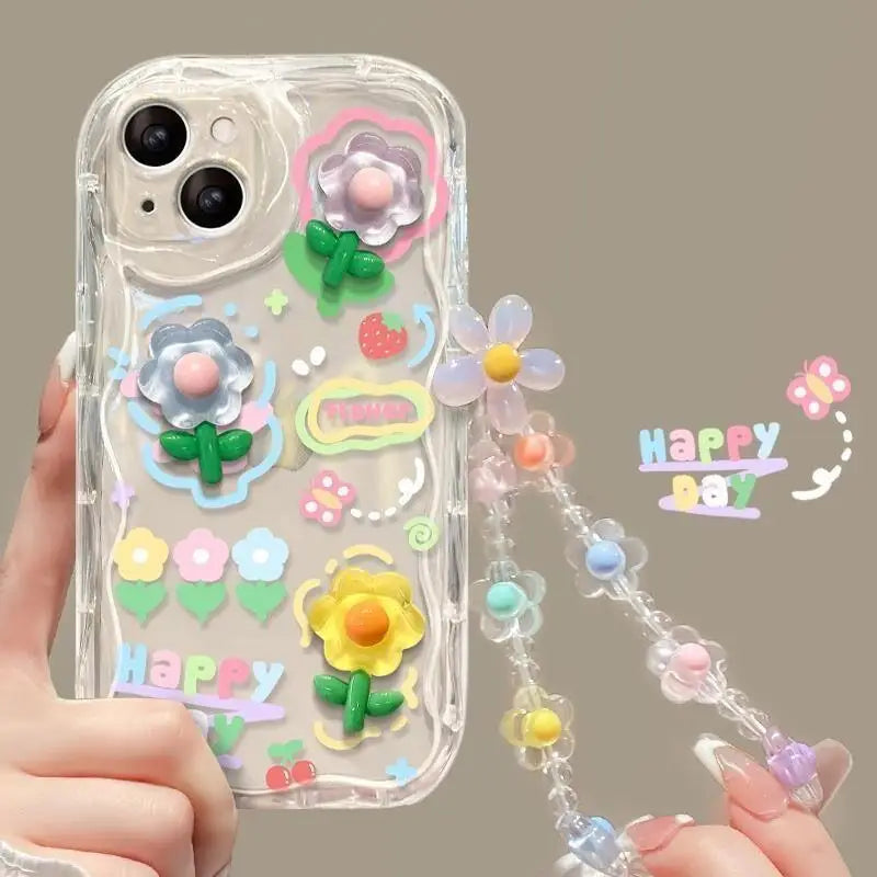 3D Cartoon Cute Flower Case For iPhone 16 15 14 Plus 13 12 Mini 11 Pro XR XS Max cover With Wrist Chain