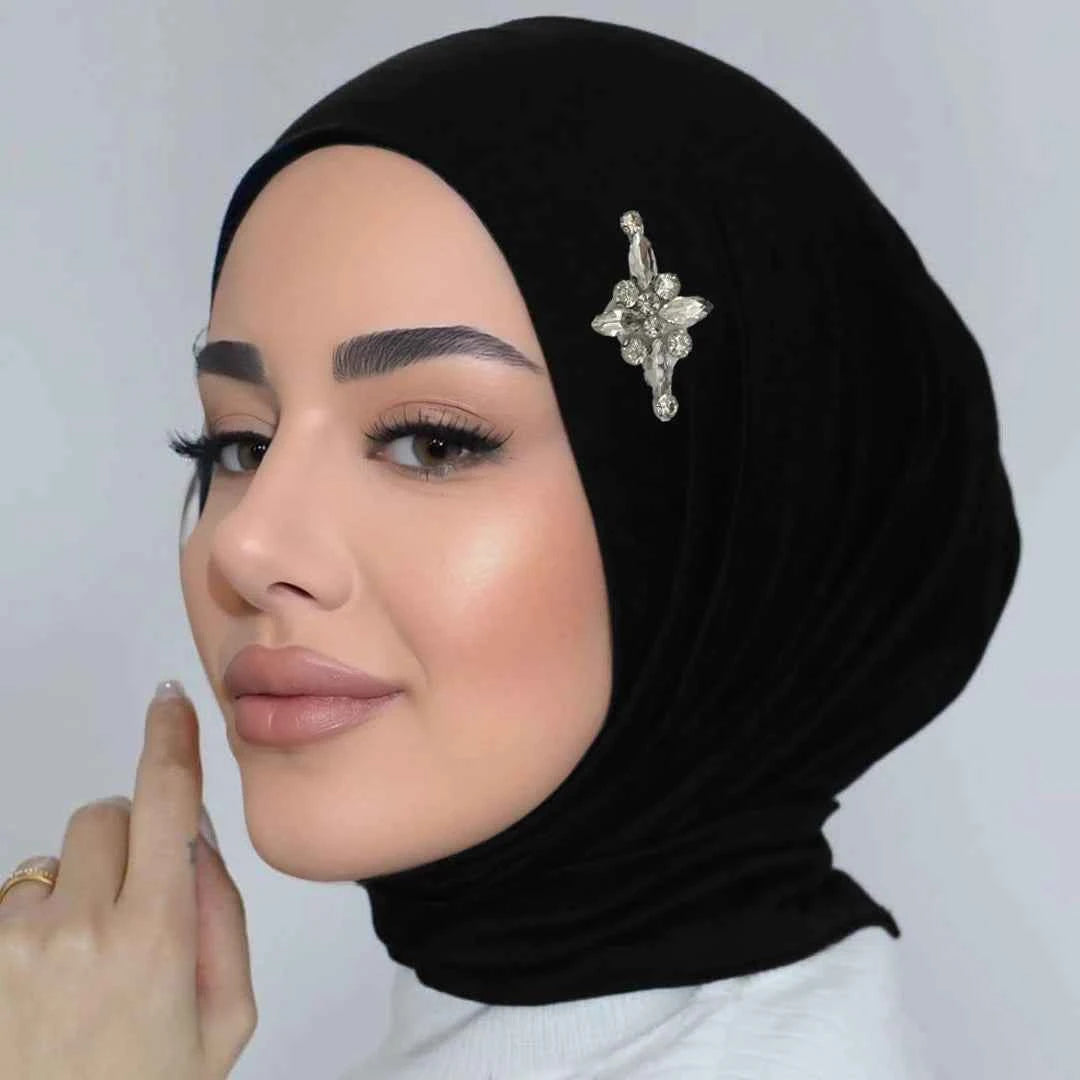 Ready to Wear Instant Hijab with Crystal Flower Full Cover Inner Instant Jersey Scarf With Tie Back Buttons Muslim