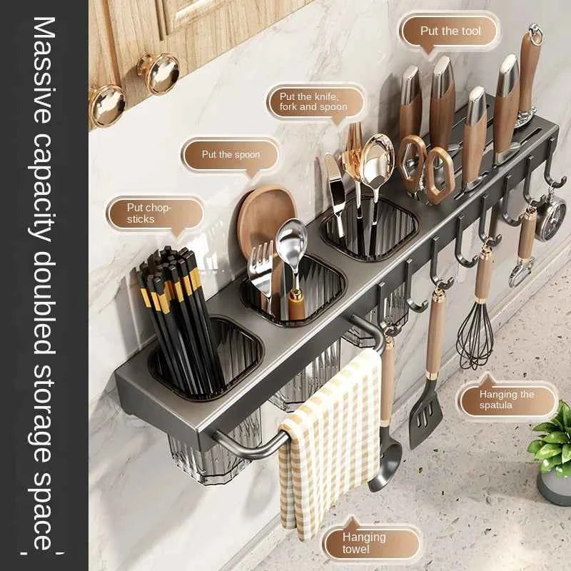 Wall-mounted knife rack for kitchen, multifunctional, no drilling required, knife and utensil holder, chopstick tube, integrated