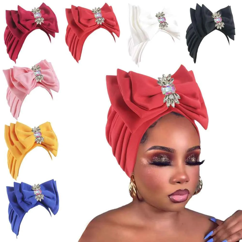 Women's Sweet Turban Cap with Multi Layer Bow Tie African Lady Head Wraps Bonnet