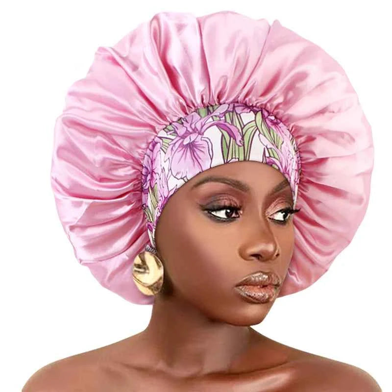 Large Women Satin Bonnet Night Hat Flower Print Elastic Wide Band Sleeping Cap Women Hair Care Shower Cap Hats Head Wrap