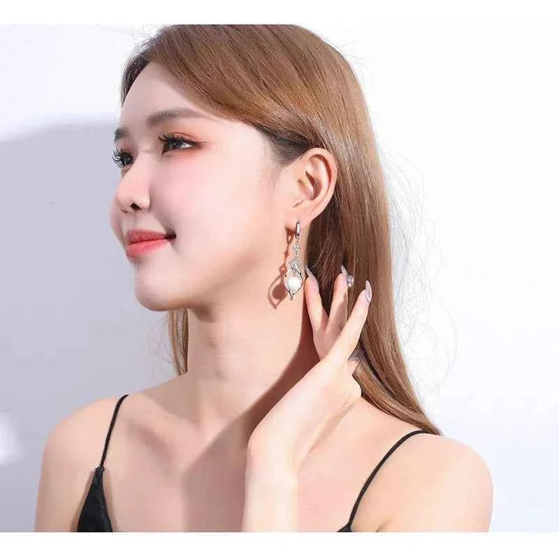 925 Sterling Silver Crystal Zirconia Natural Pearl Earrings, Women's Fashion Gorgeous Wedding Engagement Party Jewelry