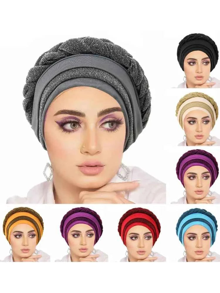 Glitter Full Body Pleated Turban Cap for Women 2025 Lady Head Wraps Muslim Headscarf Hat Turbante Mujer African Headpiece