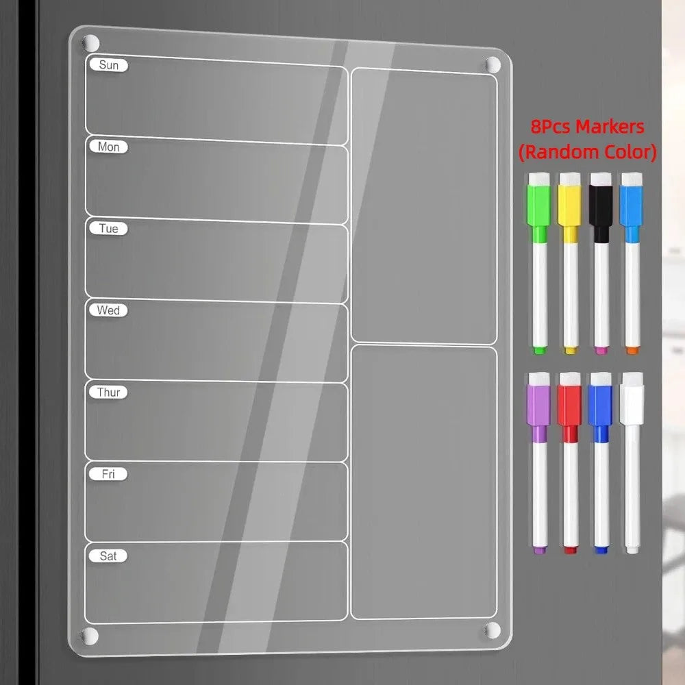 3D Magnetic Acrylic Weekly Planner – Reusable Fridge Calendar with 5 Markers