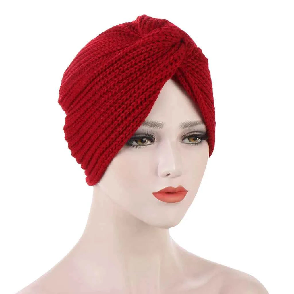 Muslim Fashion Imitation Cashmere Turban Caps for Women Bohemian Style Hijab Caps Indian Hat Solid Color Ladies Knitted Cap