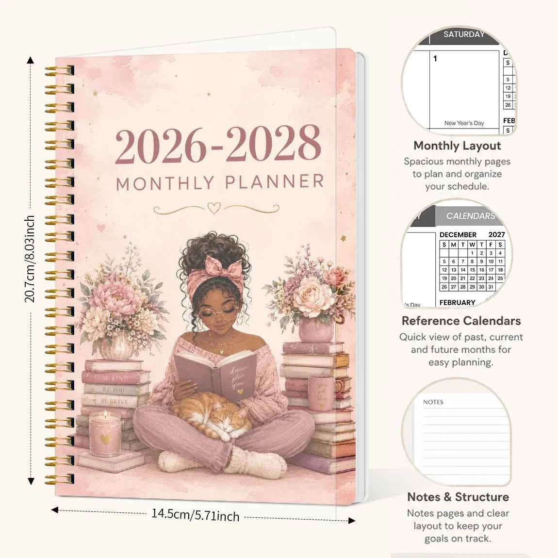 1PC 2026.7-2028.6 24 Monthly Planner, Reading Girl A5 Spiral Agenda Notebook with Reference Calendars and Notes Pages