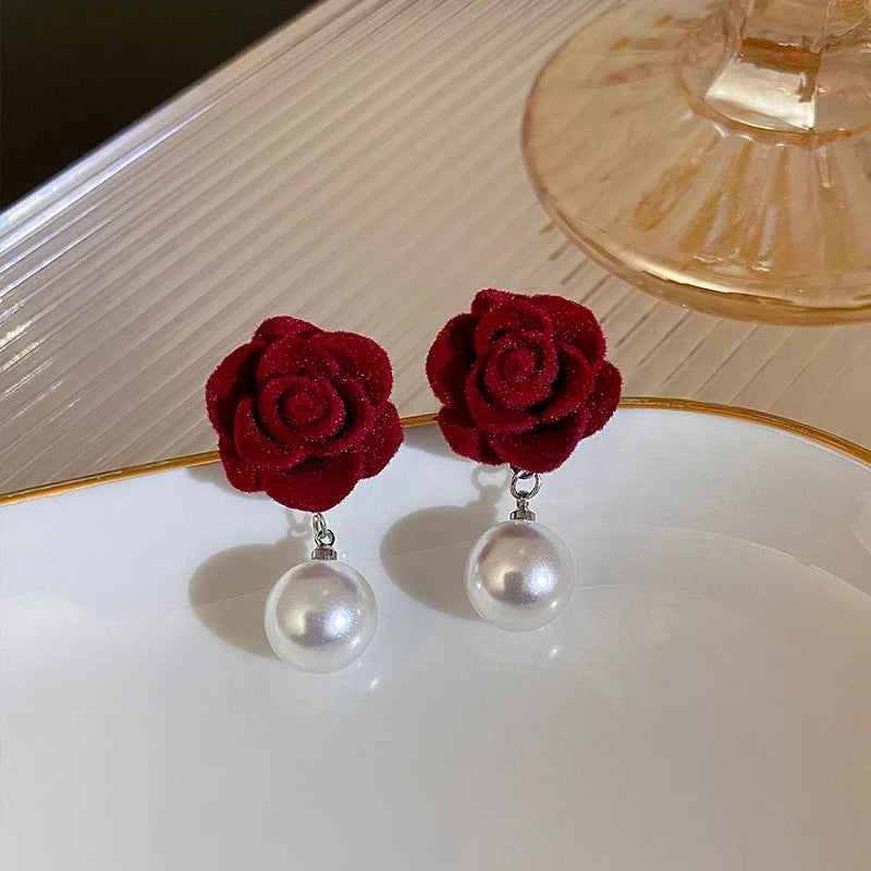 1Pair Wine Red Pearl Rose Flower Earrings Retro Wedding Ear Studs Chinese New Year Jewelry Earring