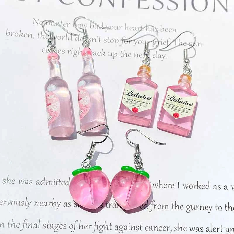Transparent Pink Bottles Peach Drop Earrings Cute Funny Romantic 3D Simulation Fruit Drink Pendant Earring Women Gift Jewelry