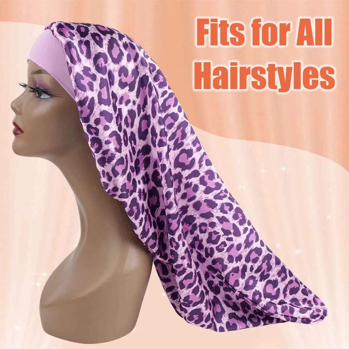 Women's Long Round Tail Bonnet-Silk Sleep Bonnet with Wide Elastic Edge-Hair Protector for Curly & Straight Hair-Leopard Print