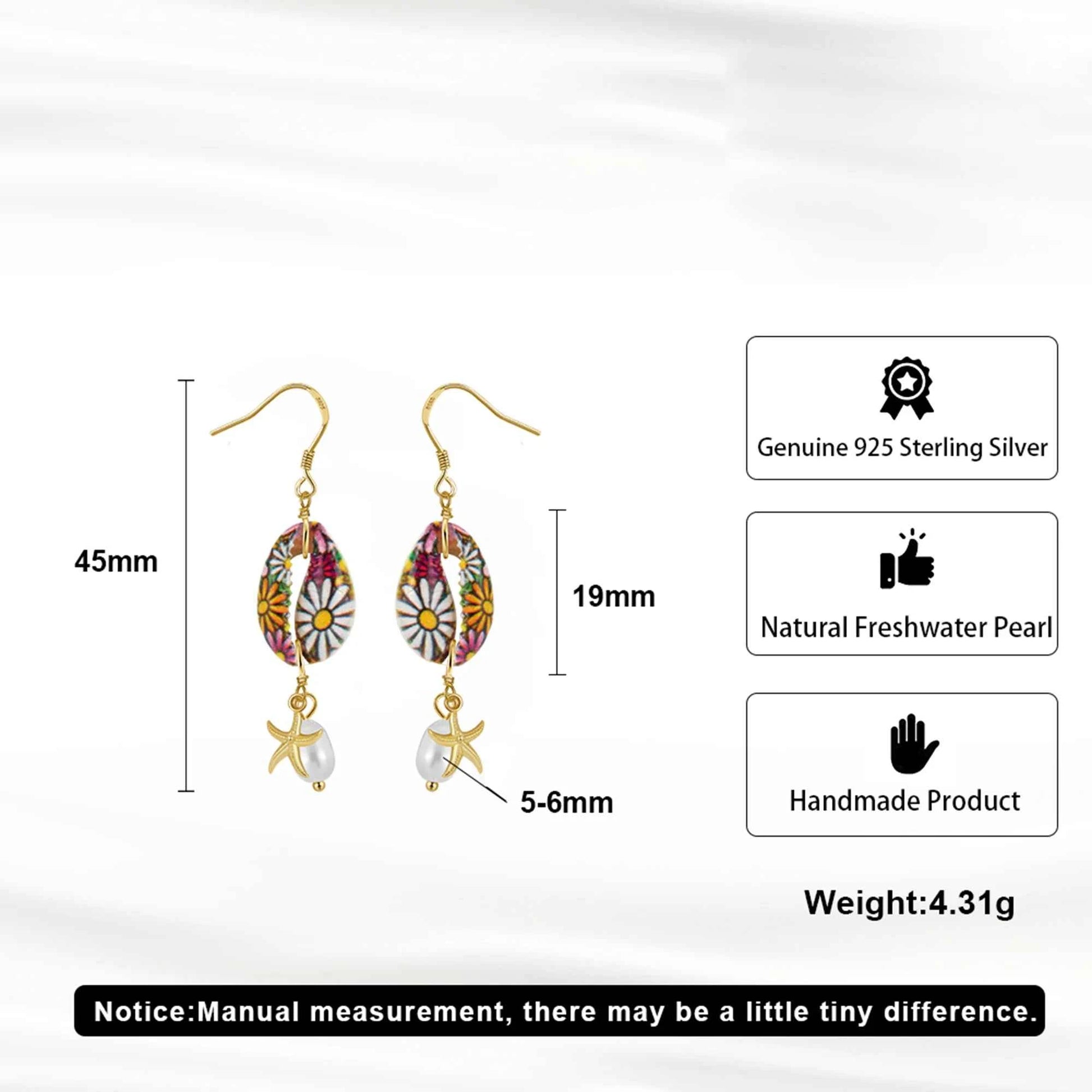 Effie Queen Natural Freshwater Pearls With Starfish Style & Floral Pattern Ornament 925 Sterling Silver Dangle Earrings GPE117