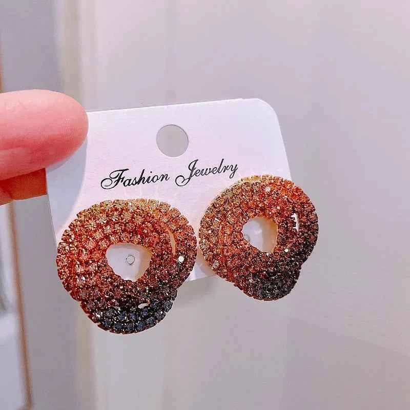 Luxury Shiny Colorful Rhinestones Stud Earrings for Women Bling Crystal Circle Flower Earrings Female Wedding Party Jewelry Gift