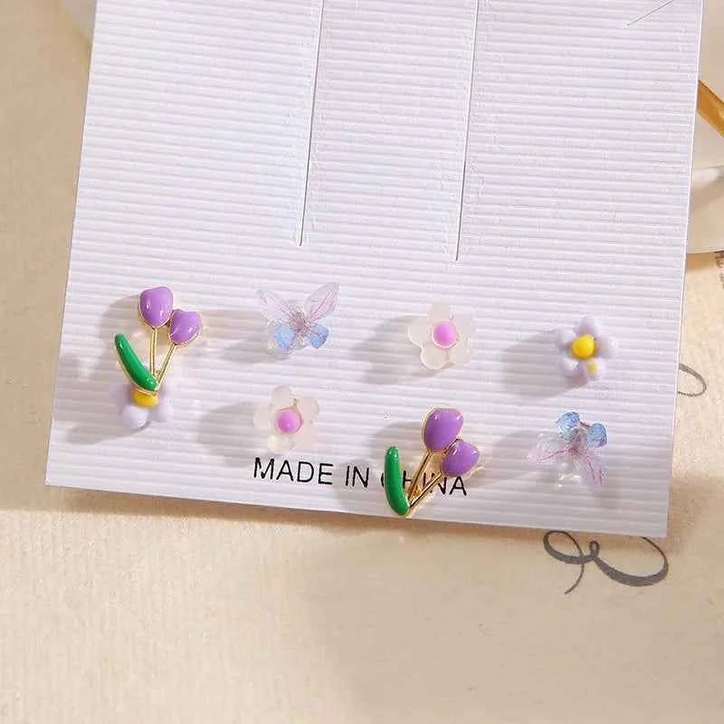 LATS Colorful Fruit Butterfly Flower Earrings Set for Women Creative Trinket Crystal Stud Earrings Fashion Jewelry Accessories