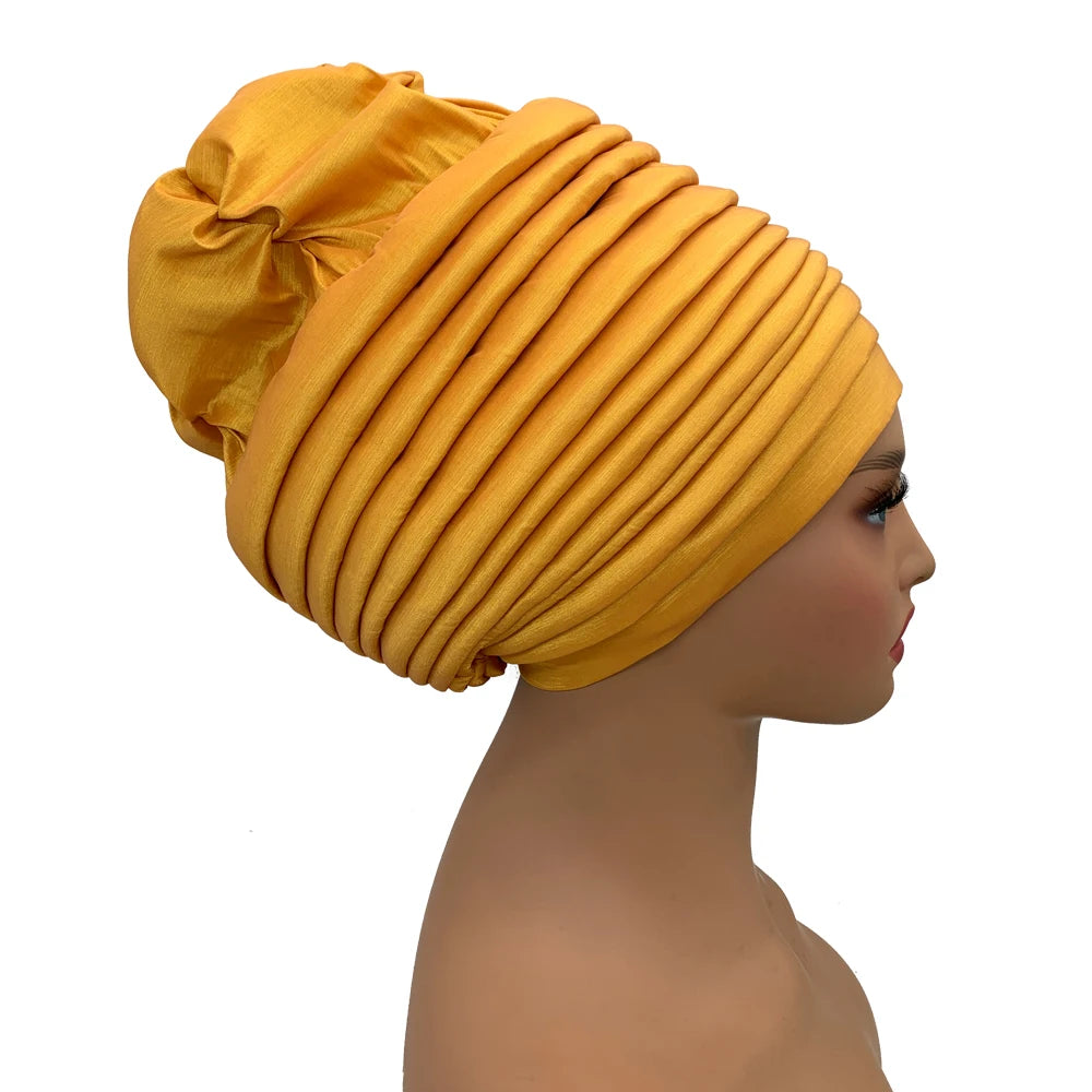 New Raw Silk Pleated Turban Cap for Women African Female Head Wraps Nigeria Lady Headwear Hat Wedding Headtie - NamafadStore