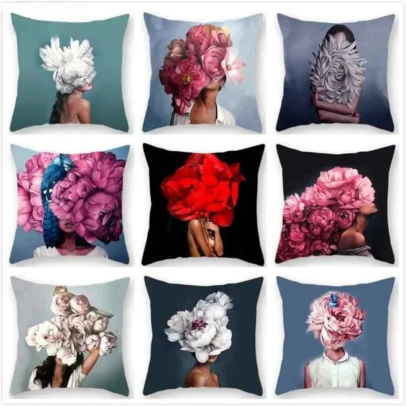 Woman Flower Head Decoration Double-sided Printed pillow cover Short plush Suitable living rooms bedrooms throw cushion cover