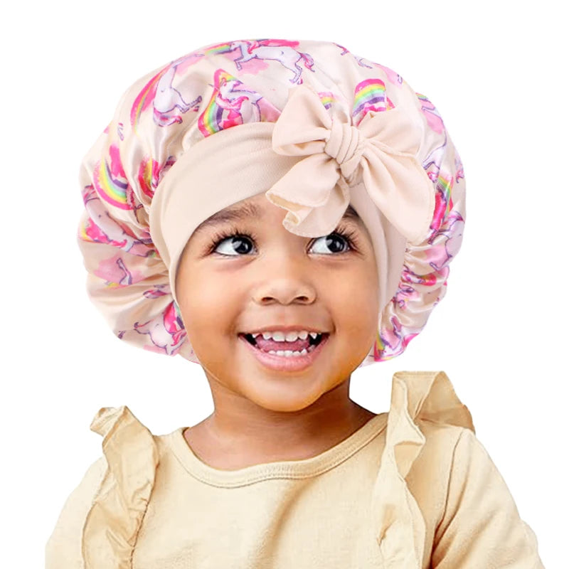 New Kids Unicorn Satin Bonnet Wide Elastic Band Ribbon Sleeping Cap Curly Natural Hair Child Night Caps Shower Cap Headscarf